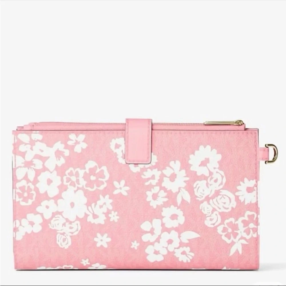 MICHAEL KORS JST Lg Double Zip Printed Sign Logo Wristlet Wallet CARNATION